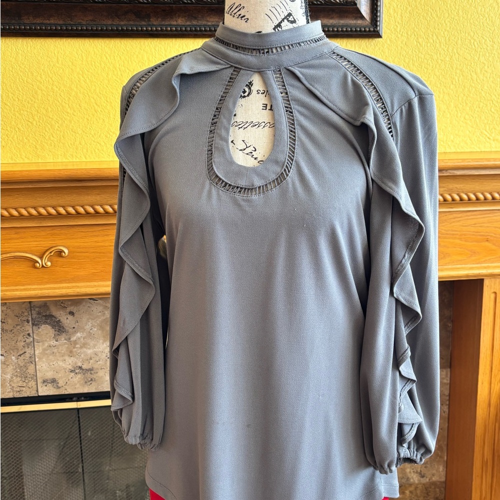 Elegant Gray Blouse with Ruffle Details